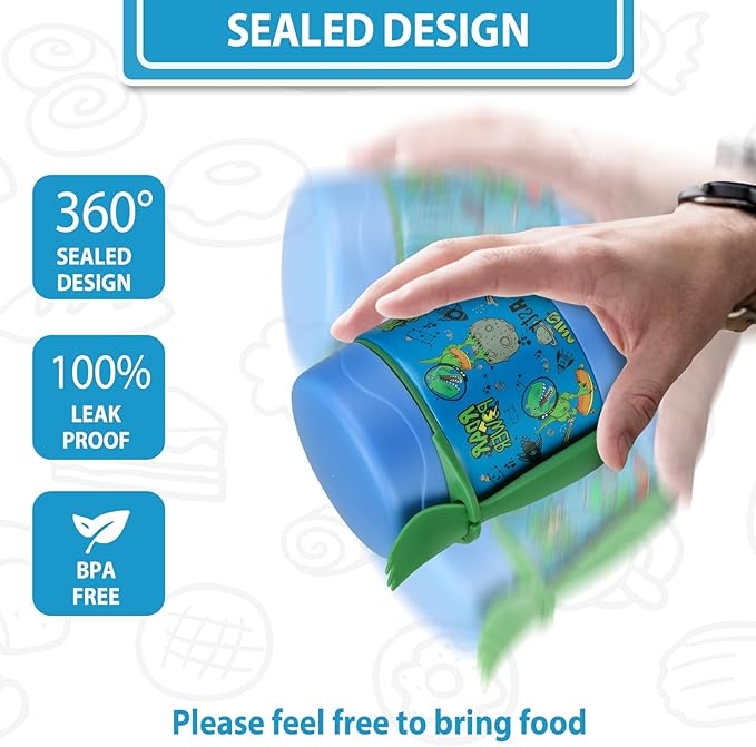 Howeemo 10oz Soup Thermo for Hot Food Kids,Lunch Thermo Kids Food Jar with Spoon Hot Insulated Food Containers,Leak Proof Stainless Steel Wide Mouth Lunch Food Thermo Jar for School(Blue-Dinosaur)