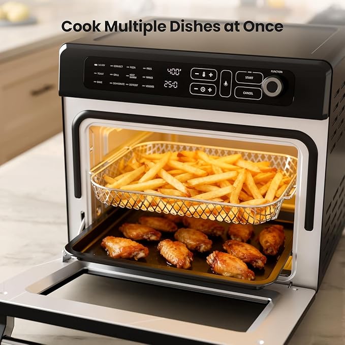 Kismile 25QT Air Fryer Toaster Oven Combo, 12-in-1 Large Countertop Convection Airfryer Oven, 70–450℉, Bake, Roast, Reheat, Broil, Fits 12″ Pizza, Includes Full Accessories, Stainless Steel(Black)