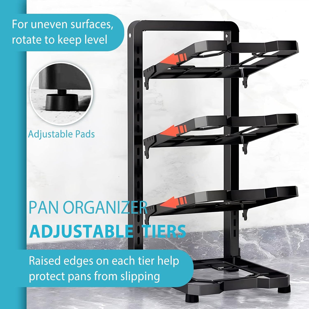 2 Pack Pot and Pan Organizer Rack, Heavy Duty Carbon Steel, Adjustable Tiers, Rustproof, Space Saver