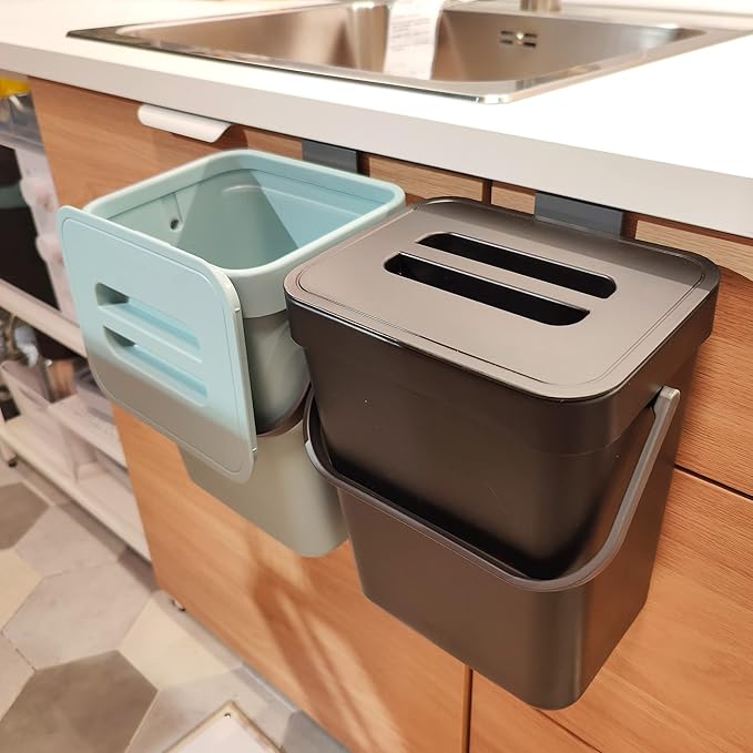 1.3 Gallon/ 5L Compost Bin Indoor Kitchen and 3.2 Gallon/12L Small Trash Can with Lid for Kitchen Cabinet，Black