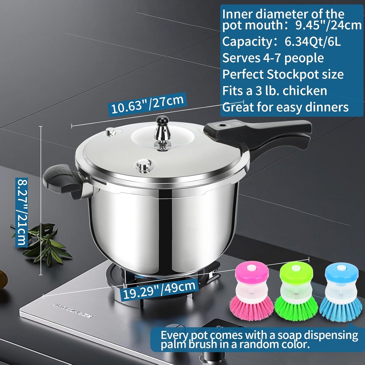 Stainless Steel Pressure Cooker, 6.3 Quart Induction Compatible Pressure Cooker with Pressure Indicator Safeguard Devices,Compatible with Gas & Induction Cooker