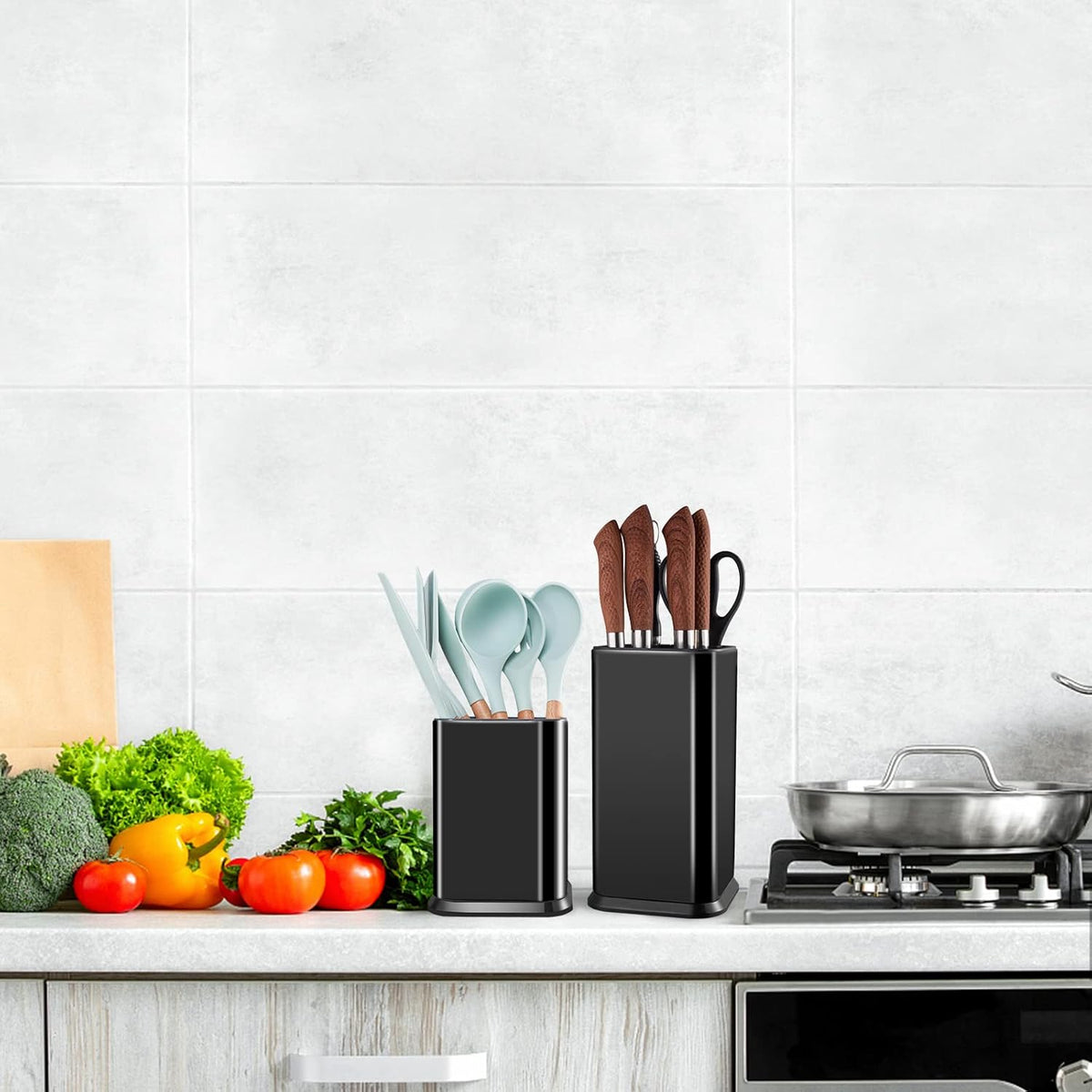 RedCall Stainless Steel Kitchen Utensil Holder for Countertop, Spoon Spatula Organizer,Modern Rectangular Large Cooking Utensil Caddy Counter,Utensil Crock (Stainless Steel Black)
