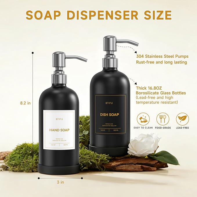 Kitchen Soap Dispenser Set – 16.8oz/500ml Glass Hand and Dish Soap Dispenser with Stainless Steel Pumps & Non-Slip Silicone Base, Luxury Countertop Decor for Home, Airbnb, Restaurant (Black & Silver)