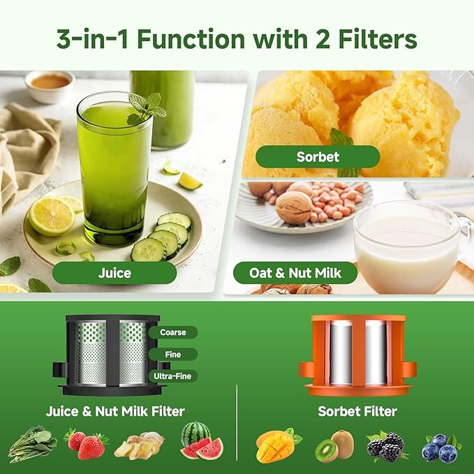 Cold Press Juicer, 3-in-1 Juicer Machines with 6.5" Large Feed Chute for Whole Fruits & Vegetables, 100oz Large Capacity for Family Use, Makes Juice, Nut Milk & Sorbet