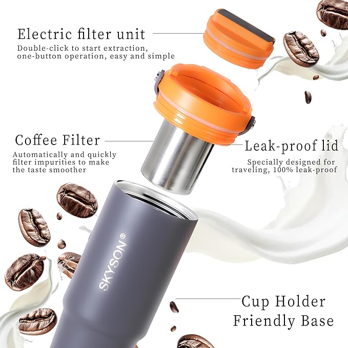 Fast Extraction Mini Electric Espresso Maker - Portable Filter Coffee Brewer for Travel,Insulated Stainless Steel Tumbler,20 oz Reusable Iced Coffee Cup Machine,Hot Coffee Mug with Lid(Orange+Grey)