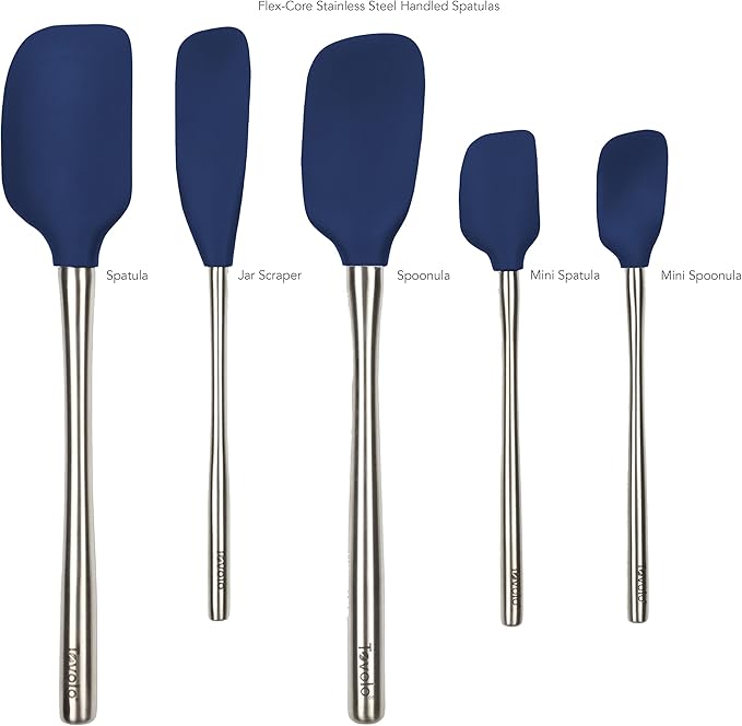 Tovolo Stainless Steel Handled Silicone Spatula Set of 5 Deep Indigo, Dishwasher Safe Kitchen Spatula Set for Cooking Baking, Non Toxic BPA Free Silicone Spatula set with Metal Steel Handle