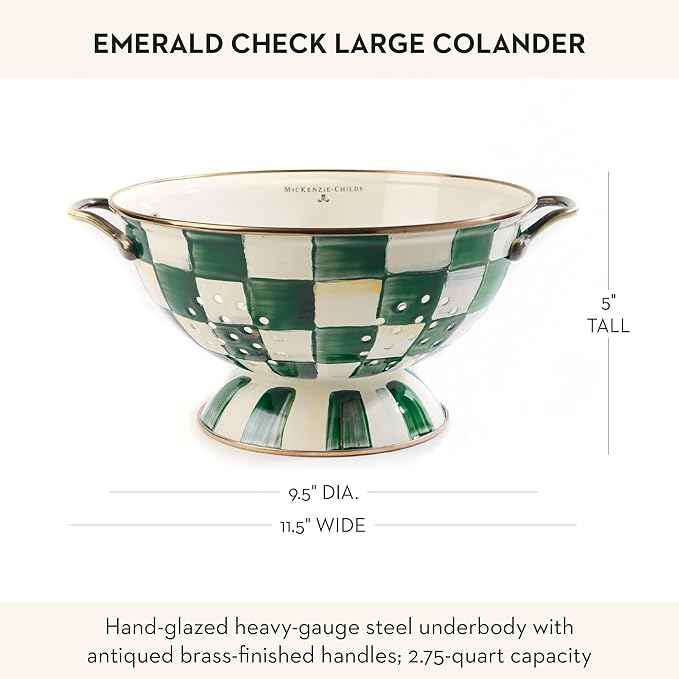 MACKENZIE-CHILDS Enamel Colander, Decorative Kitchen Strainer, Large, Green-and-White Emerald Check