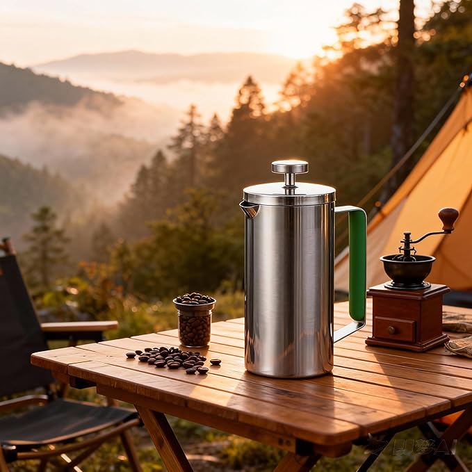 Stainless Steel French Press Coffee Maker 21OZ(0.6 Litre), Camping Coffee Press with Green Handle for Personal, Office, Travel(Sanding Silver, 1-3 Cups)