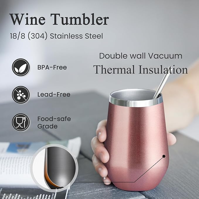 MEWAY Stemless 12oz Insulated Wine Tumbler with Lid and Straw - Double Wall Stainless Steel Thermal Cup for Hot and Cold Drinks, Bridal Shower Prizes for winners(Rose Gold,1)