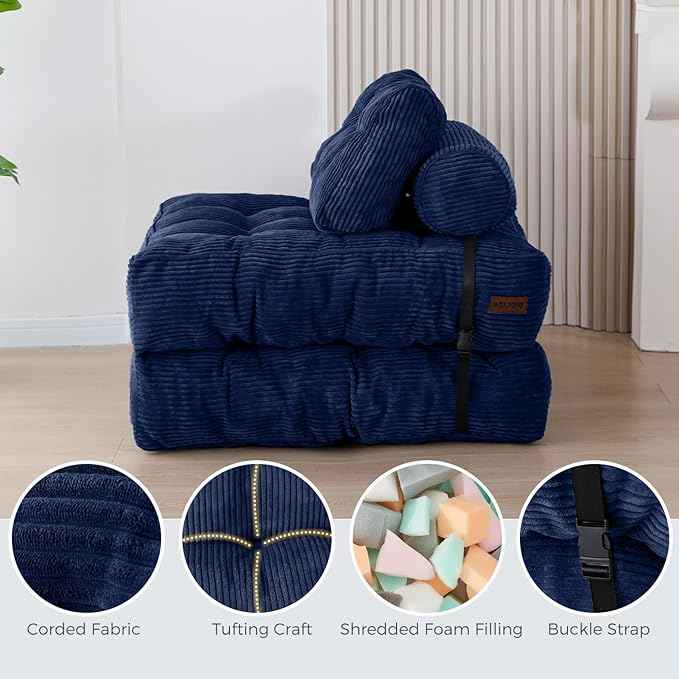 MAXYOYO Folding Sofa Bed, Convertible Sleeper Chair with Pillow Foldable Matress with Back Support, Portable Fold Out Chair Bed Comfy Floor Sofa Lounge for Living Room Bedroom, Navy, Single