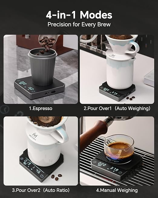 Espresso Scale with Timer - MUVNA Mini Coffee Scale 0.1g Precision Rechargeable, Metal Body Portable Digital Scale for Pour Over/Espresso with Flow Rate Display, Automatic Timing, Black