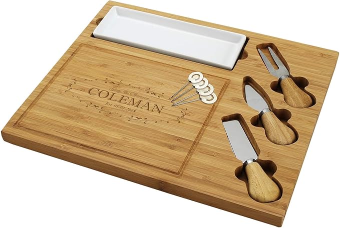 Custom Personalized Engraved Bamboo Cutting Board for Cheese & Charcuterie with Ceramic Dish, Knife Set & Cheese Markers -by Picnic at Ascot USA
