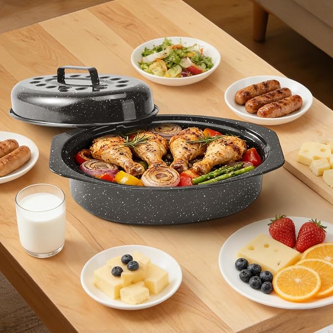 13" Roasting Pans for Ovens Porcelain Enameled Steel Oval Roaster Pan with Domed Lid for Small Turkey, Chicken, Vegetable, Lamb, Sourdough Bread