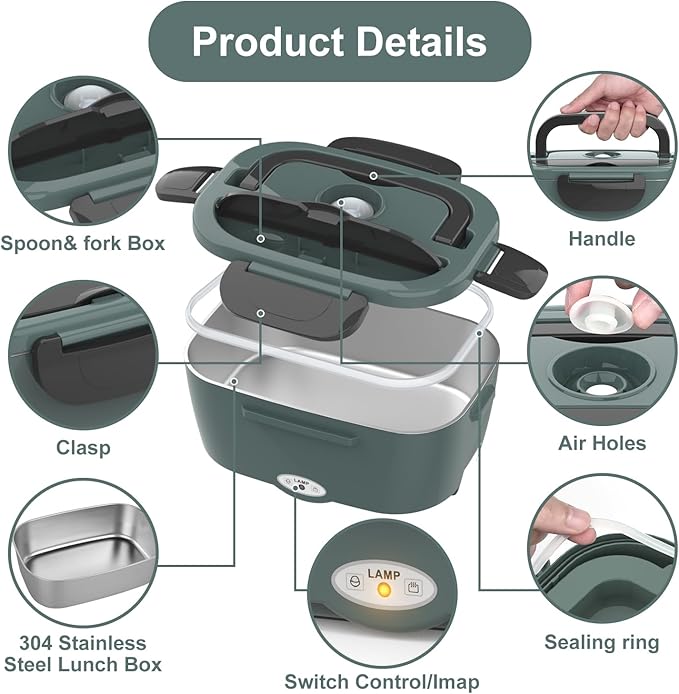 Herrfilk Electric Lunch Box Food Heater, 3 in 1 Ultra Quick Heated Lunch Boxes for Adults, 12V/24V/110V Portable Food Warmer for Car/Truck/Office With Fork Spoon and Insulated Carry Bag