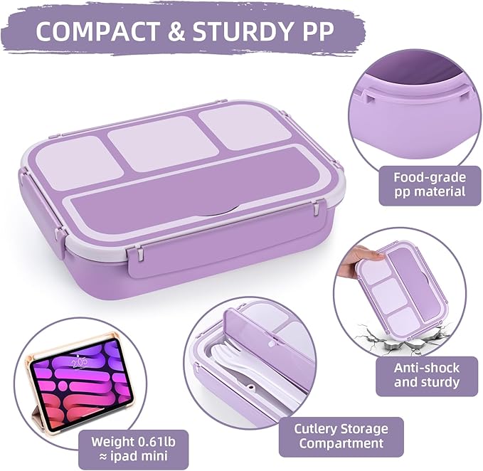 QQKO Bento Box Adult Lunch Box, Lunch Containers for Adults Men Women, Kids Lunch Boxes for School with 4 Compartments, Sauce Container, Utensils and Muffin Cups, Purple