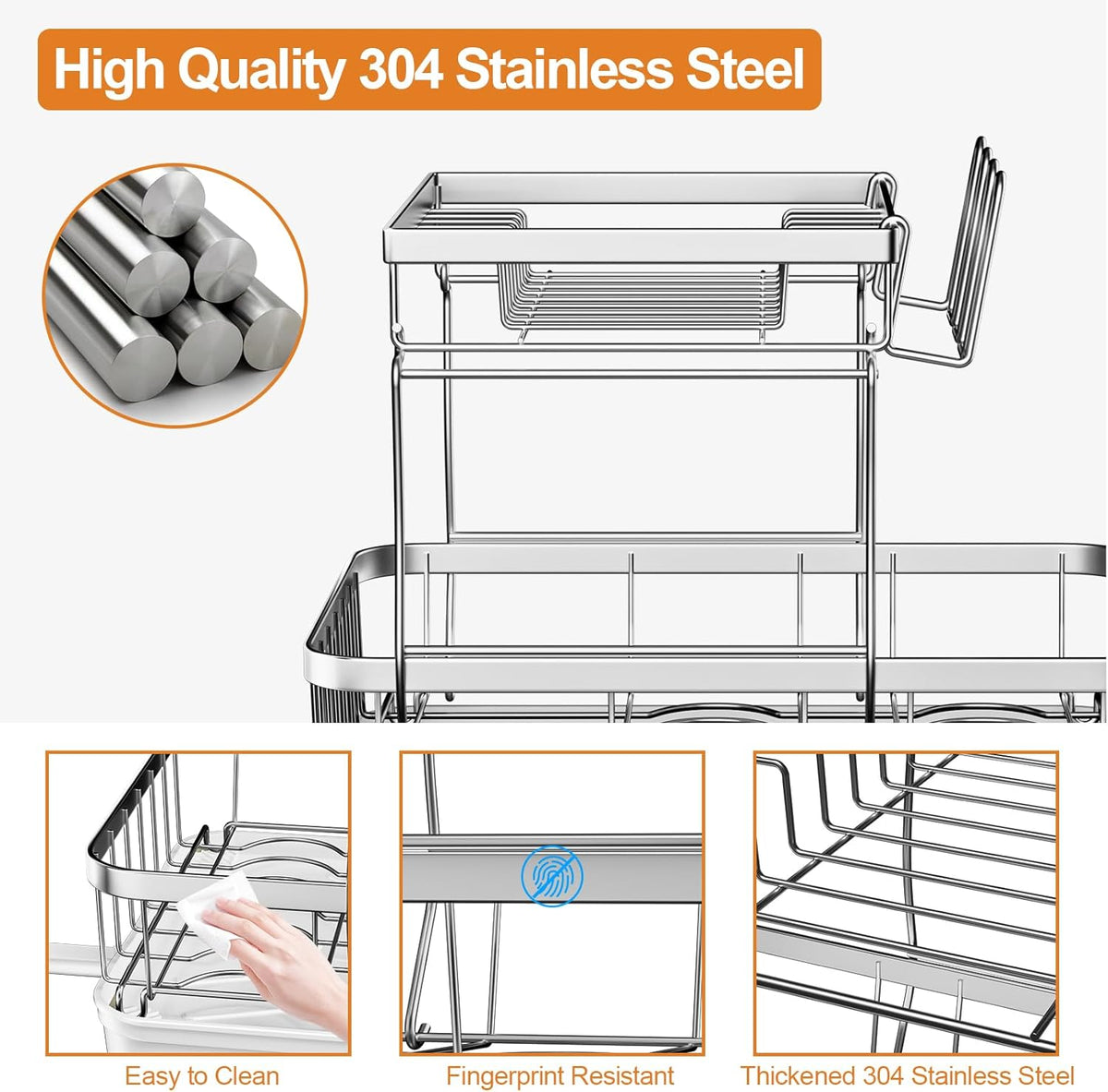 Dish Drying Rack Kitchen 2-Tier 304 Stainless Steel Dish Racks for Kitchen Counter,Strainer with Adjustable Draining Tray,Drying Rack with Water Cup Hook & Cutlery Holder,White