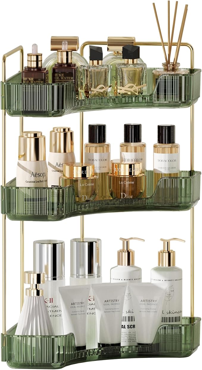 YCIA&DONE Rotating Makeup Organizer and Corner Bathroom Organizer Countertop Green