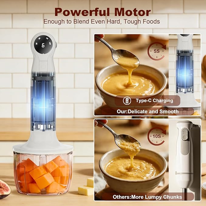 Cordless Immersion Blender Hand Blenders Set,Variable Speed 4 in 1 Stick Emulsifier with Chopper and Whisk for Soup, Baby Food and Smoothies,White