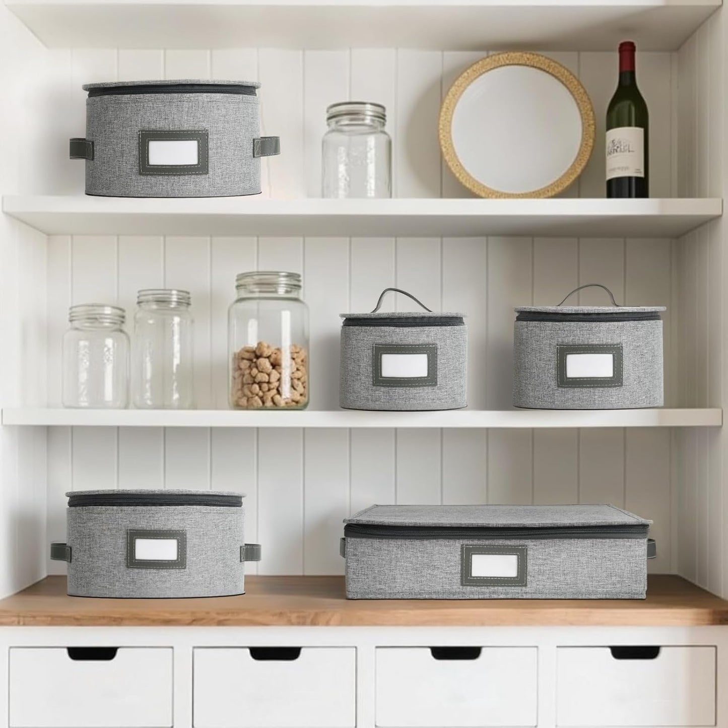 HOMELUX THEORY Flatware Storage Hard Shell China Storage Containers - Light Gray Silverware Organizer, Cutlery & Silverware Storage Box with 5 Dividers & Lid, Heavy Duty Moving Box with Handles
