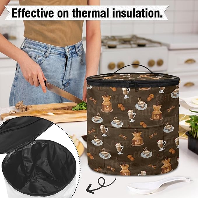 Coffee Print Electric Pressure Cooker Storage Bag Insulated Cloth Cover Electric Pressure Cooker Bag Insulation Bag with Front Pocket