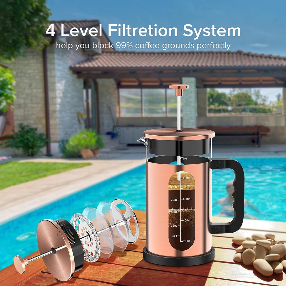 QUQIYSO French Press Coffee Maker, 304 Stainless Steel French Press with 4 Filter, Heat Resistant Borosilicate Glass, Easy to Clean, BPA Free Coffee Press Rust-Free Coffee Maker, 34 ounce, Copper