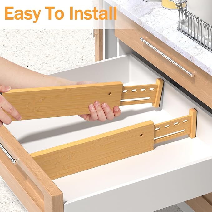 Bamboo Drawer Dividers 4" High, 16.5-22" Adjustable Drawer Organizers for Clothes,Expandable Dresser Separators in Bedroom/Kitchen/Bathroom/Office Organization and Storage,4 Pack