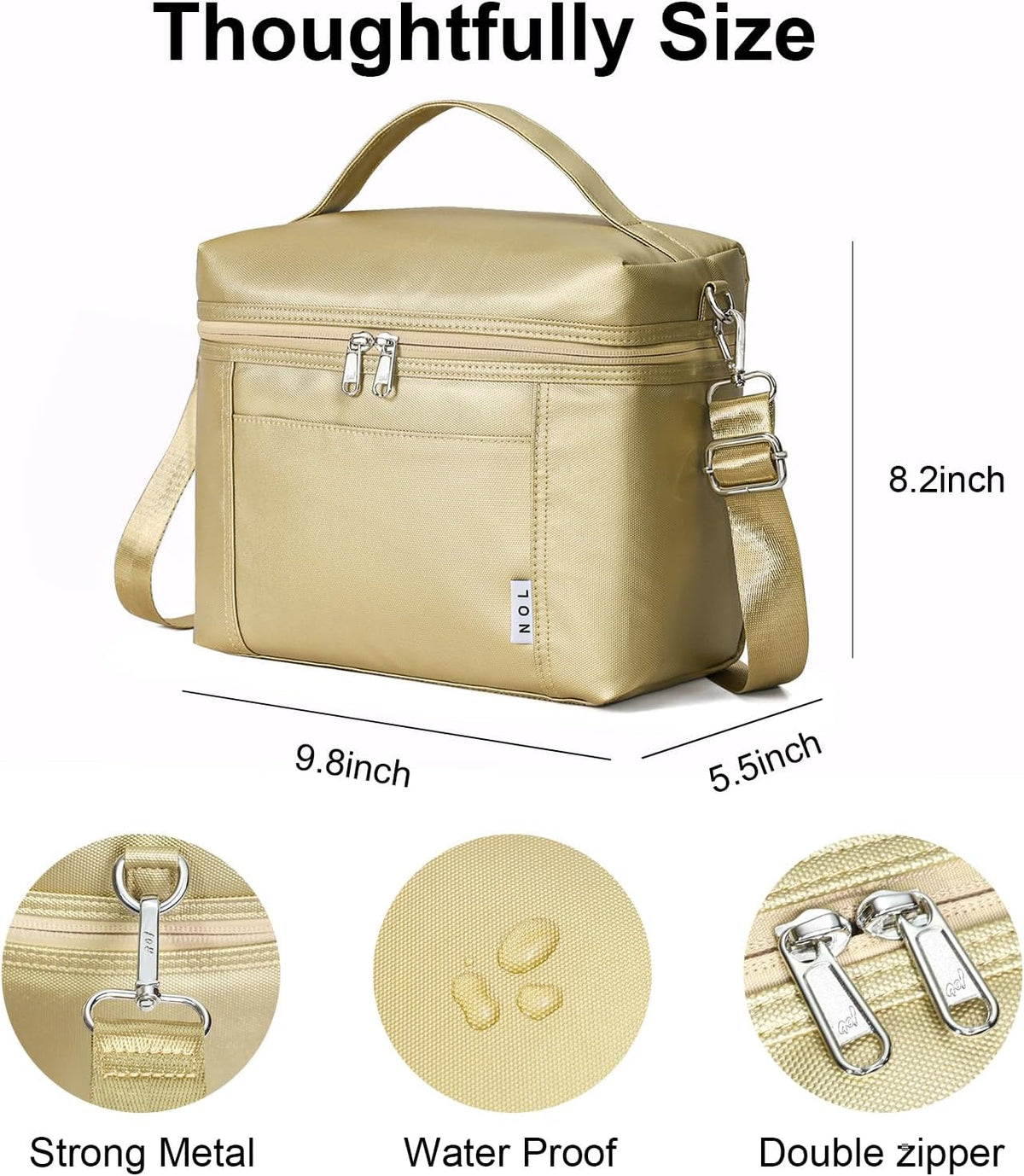 NOL Natural Organic Lifestyle Insulated Lunch Bags for Women Cooler Bag Lightweight Nylon Waterproof Lunch Box For Work (Gold, Medium(normal))