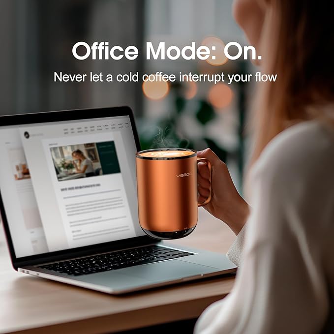 Vsitoo S3 Plus 14oz Heated Coffee Mug - Temperature Control Smart Mug with Mug Warmer, Auto-Sensing AI Heats Drinks to 120-150°F Hands-Free.Ideal for Home/Office/Gifts，Copper