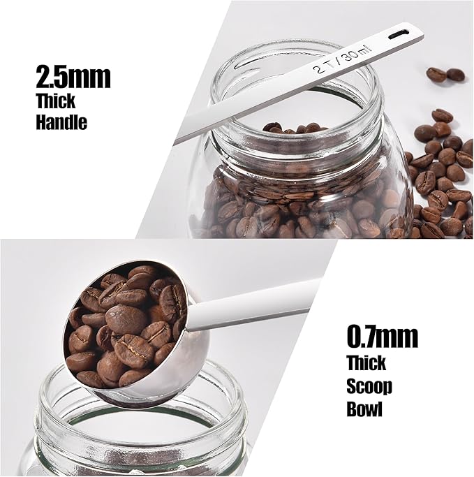 18/8 Stainless Steel Coffee Scoops, Doosu Food-Grade Metal Measuring Spoons with 6.9in Long Handle, Tablespoon Scooper for Coffee Beans, Ground Coffee, Espresso, Protein Powders, Tea (1 & 2 Tbsp)