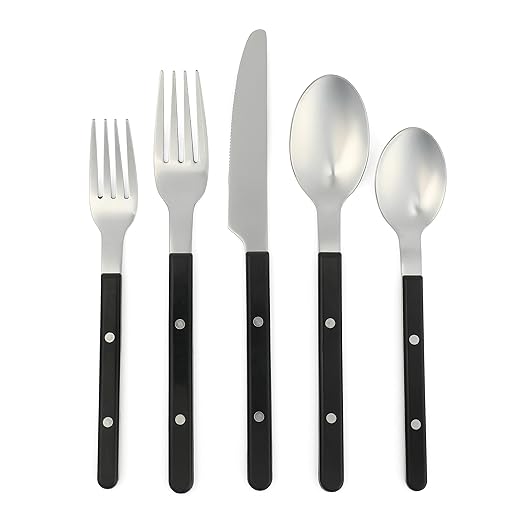 Sur La Table Kitchen Essentials 20 Piece Flatware Silverware Set - Stainless Steel Utensils - Forks, Spoons, Knives - Black