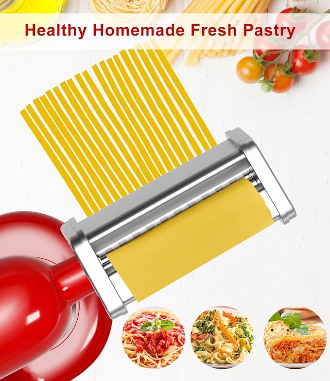 3 PCS Pasta Maker Attachments for All KitchenAid Stand Mixers, Pasta Accessories Including Pasta Roller, Fettuccine Cutter, and Spaghetti Cutter for Noodle Ravioli, 304 Stainless Steel,Cleaning Brush