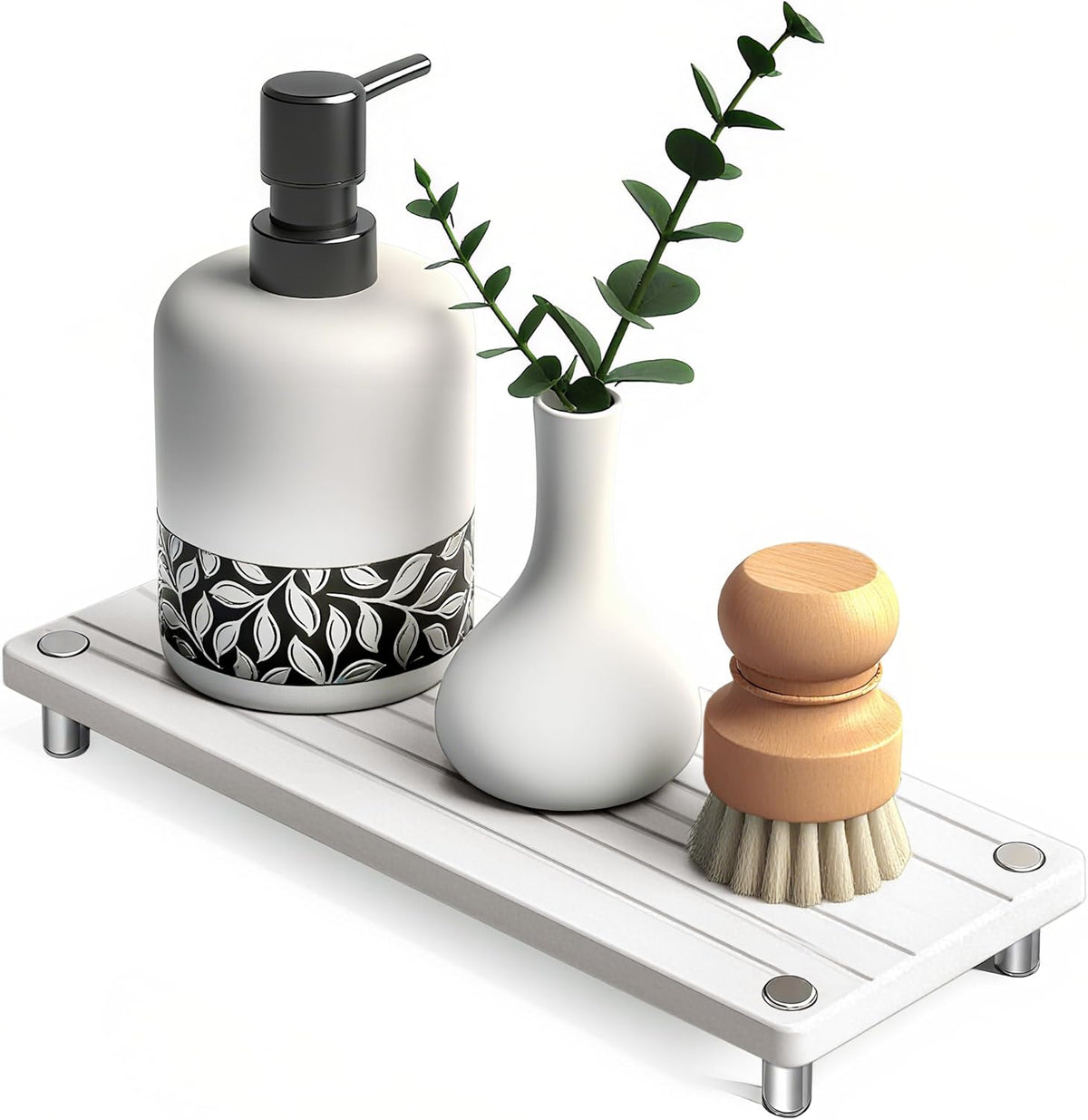 Quick Dry Sink Caddy Kitchen Sink Organizer, Water Absorbing Stone Tray for Sink, Stone Drying Tray, Diatomite Faucet Mat & Protector, Dispenser Sponge Holder, Stone Soap Tray for Bathroom Counter