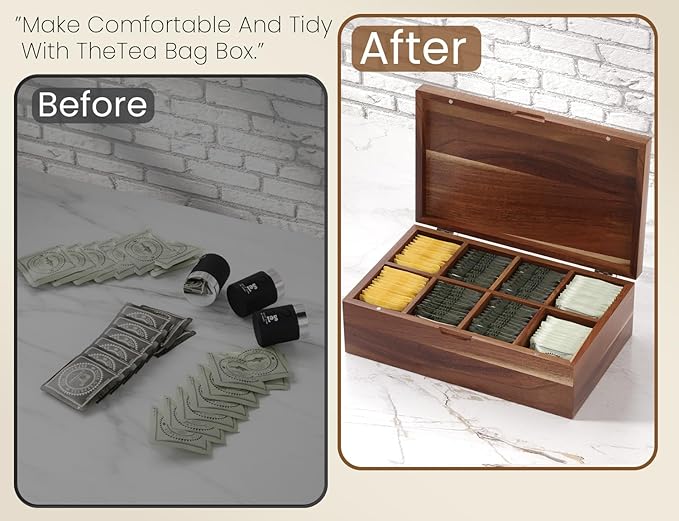 Acacia Wood Tea Bag Organizers, Tea and Sugar Packet Storage Chest with Lid, Wooden Teabag Holder Containers,Tea Box with 8 Compartments