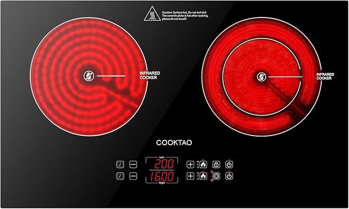 Dual Coils Design of Double Burner Electric Cooktop, 1800W Commercial Ceramic Infrared Cooking Hot Plate, Portable Countertop or 24in Built-in Radiant Stove Top Cooker with WATT n TEMP Heating Control