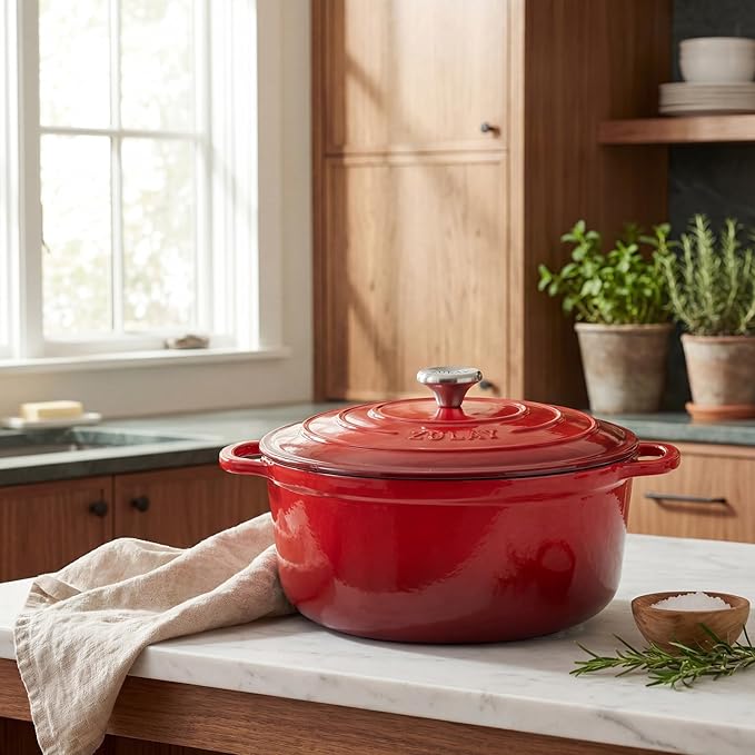 Zulay Kitchen 6.4 Quart Enameled Cast Iron Dutch Oven Pot with Lid – Premium Durability & Oven Safe up to 500°F – Heavy Duty Cookware Perfect for Bread Baking, Stews, Braising & Roasting - Ablaze Red