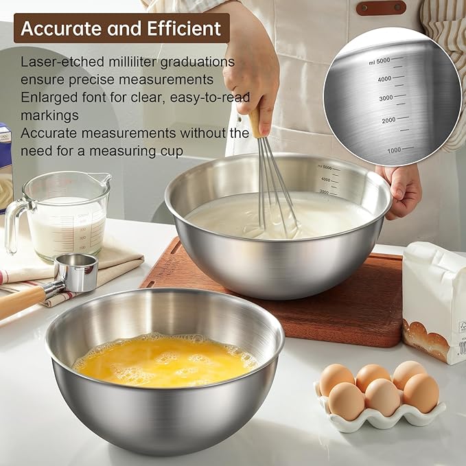 Gronivex Stainless Steel Mixing Bowls Set of 2 (4.2 & 5.3 Qt), Food Grade 304, Dishwasher Safe, Stackable Nesting Bowls for Baking, Salad Prep & Cooking