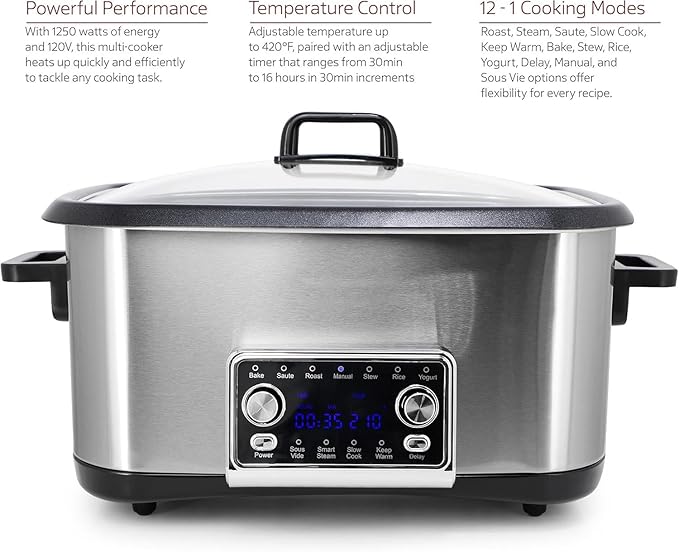 8 Quart 12-in-1 Deluxe Multi Cooker with Sous Vide Function, Programmable Electric Pressure Cooker with Non-Stick Pot, Glass Lid & Adjustable Temperature Settings for Family Meals