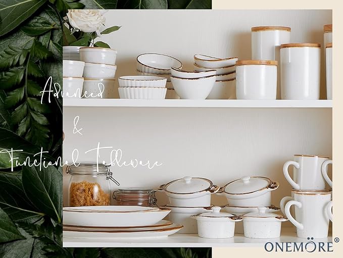 ONEMORE Ramekins with Lids, 12 oz Ceramic Small Casserole Dish with Handles & Brown Rim for Baking Soup, Speckled Oven Safe Mini Dutch Oven Rustic Cocotte Set of 4 for Individual Serving, Creamy White