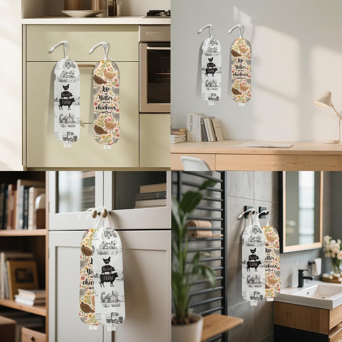 2Pcs Rustic Sweet Farm Plastic Bag Holder for Kitchen Essentials, Wall Mount Grocery Bag Holder for Plastic Bags, Chicken Floral Reusable Grocery Bags Storage Dispenser for Home Kitchen Farmhouse