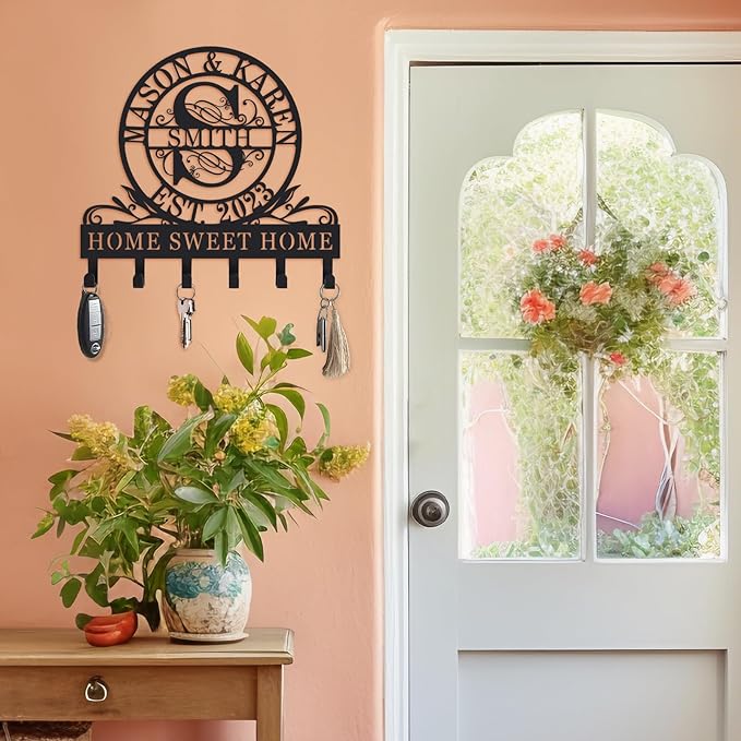 Personalized Metal Key Hooks for Wall, Custom Key Holder for Front Door or Entryway, Wall Mounted Key Rack Organizer, Decorative Keychain Hook, Home Storage Hanger, Housewarming Gift