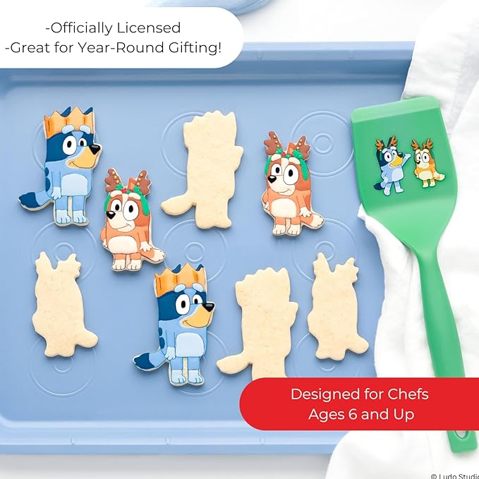 Handstand Kitchen Bluey Holiday Baking Set with Bluey and Bingo Cookie Cutters, Rolling Pin, Spatula and Flipper