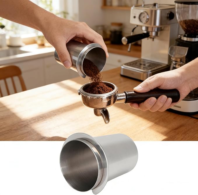 Coffee Dosing Cup 51mm, Espresso Coffee Dosing Cup, Stainless Steel Dosing Cup Compatible with All 58mm Portafilter,Coffee Powder Cup, Coffee Powder Feeder (1, Silver, 51mm)