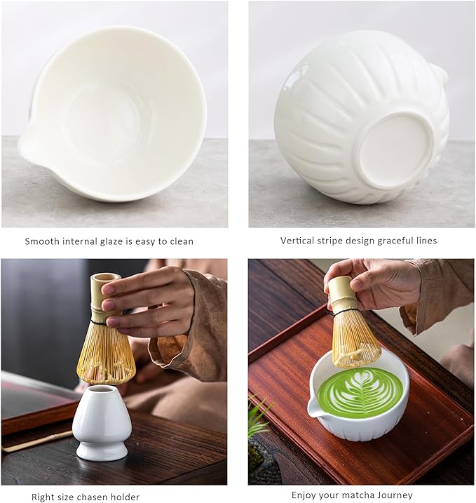 TANG PIN Matcha Set - Match Bowl and Whisk, 15 OZ, Matcha Scoop | Matcha Whisk Stand (Chasen Holder) - 4pc Perfect Matcha Kit for Matcha Tea Ceremony (White)