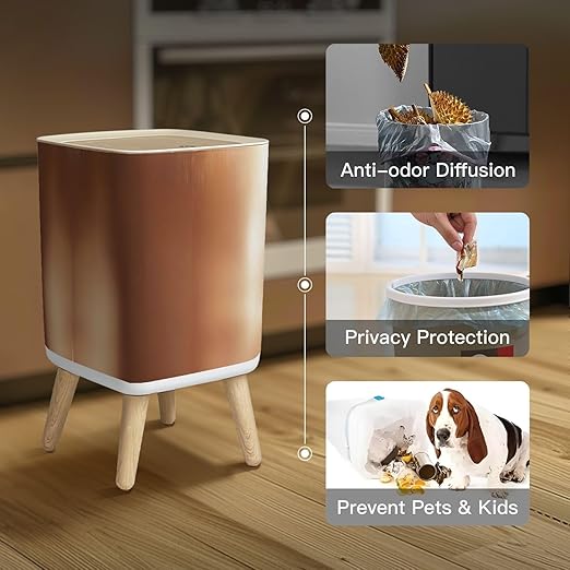 Small Trash Can with Lid Metal Copper texture aluminum brushed Copper texture reflection Copper Wastebasket with Press Cover Dog Proof Garbage Can Waste Bin for Kitchen Bathroom Nursery 2.6 Gallon