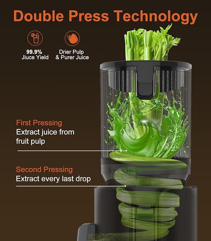Juicer Machines, 5.3" Large Feed Chute Cold Press Juicer with Double Press Technology, 400W Motor, High Juice Yield, Easy to Clean, Masticating Juicer for Whole Vegetables & Fruits, Black