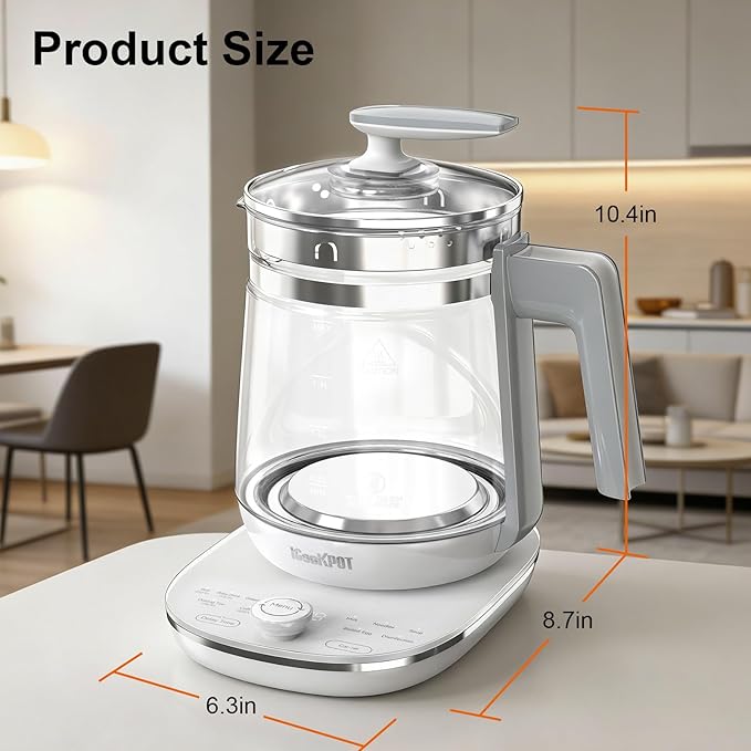 1200w Electric Kettle, 1.5L Borosilicate Glass tea kettle, Hot water kettle electric for Coffee or Tea, BPA Free, Auto Shut-Off, Stainless Steel, Fast Boil, White