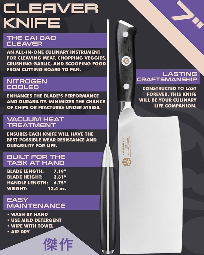 KESSAKU Meat Cleaver Butcher Knife - 7 inch - Dynasty Series - Heavy Duty - Razor Sharp - Forged ThyssenKrupp German High Carbon Stainless Steel - G10 Garolite Handle with Blade Guard
