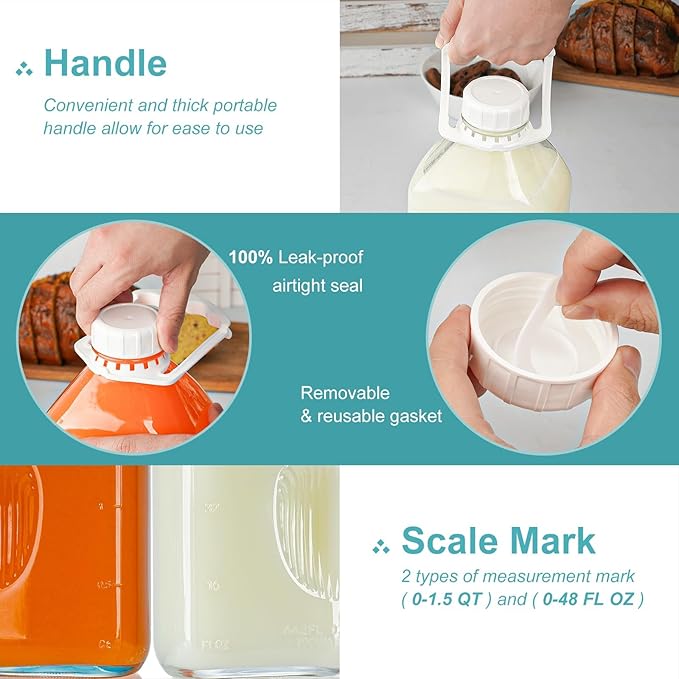Ritayedet 64 Oz Heavy Duty Glass Milk Bottle with Reusable Airtight Strong SCREW LID - 1/2 Gallon Water Bottles with Scale Lines - 2 Qt Glass Milk Jug Pitcher - Extra Gaskets & Handle!
