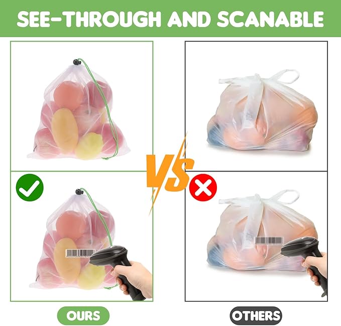 TIESOME 8PCS Reusable Produce Mesh Bags, Washable Vegetable Storage Bags With Drawstring Transparent Toy Organizer Bags Eco-Friendly Grocery Storage Mesh Bags for Farmers Market Refrigerator Storage