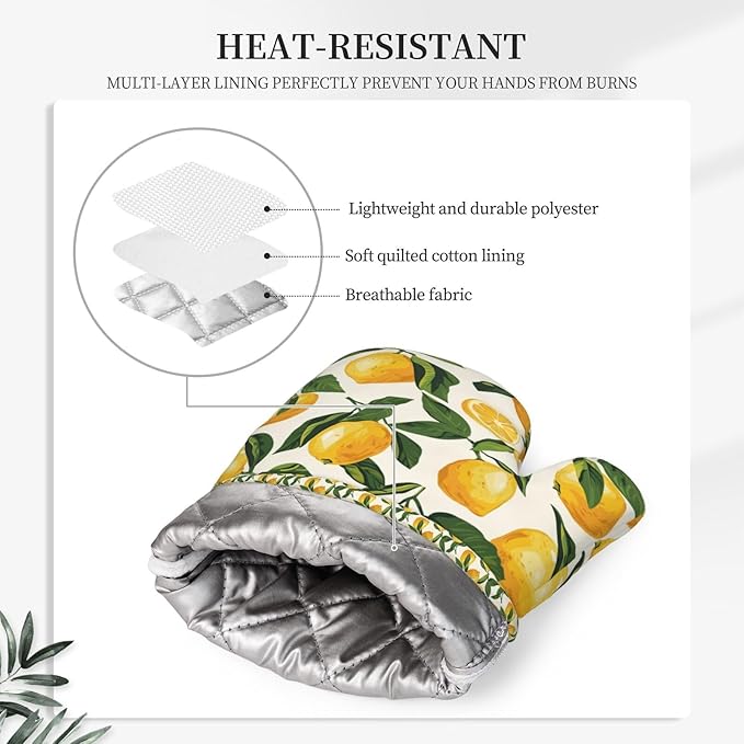 Oven Mitts and Pot Holders Set, Lemon Fruit Watercolor Silicone Kitchen Accessories 4 Piece Heat Resistant Long Gloves Potholder Non-Slip Grip for Chef Cooking Baking Grilling BBQ